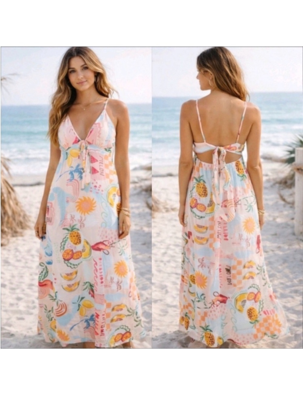 Paper Heart Novelty Linen Dress Sz M Maxi Midi Elastic Back Tie Bow Resort Beach